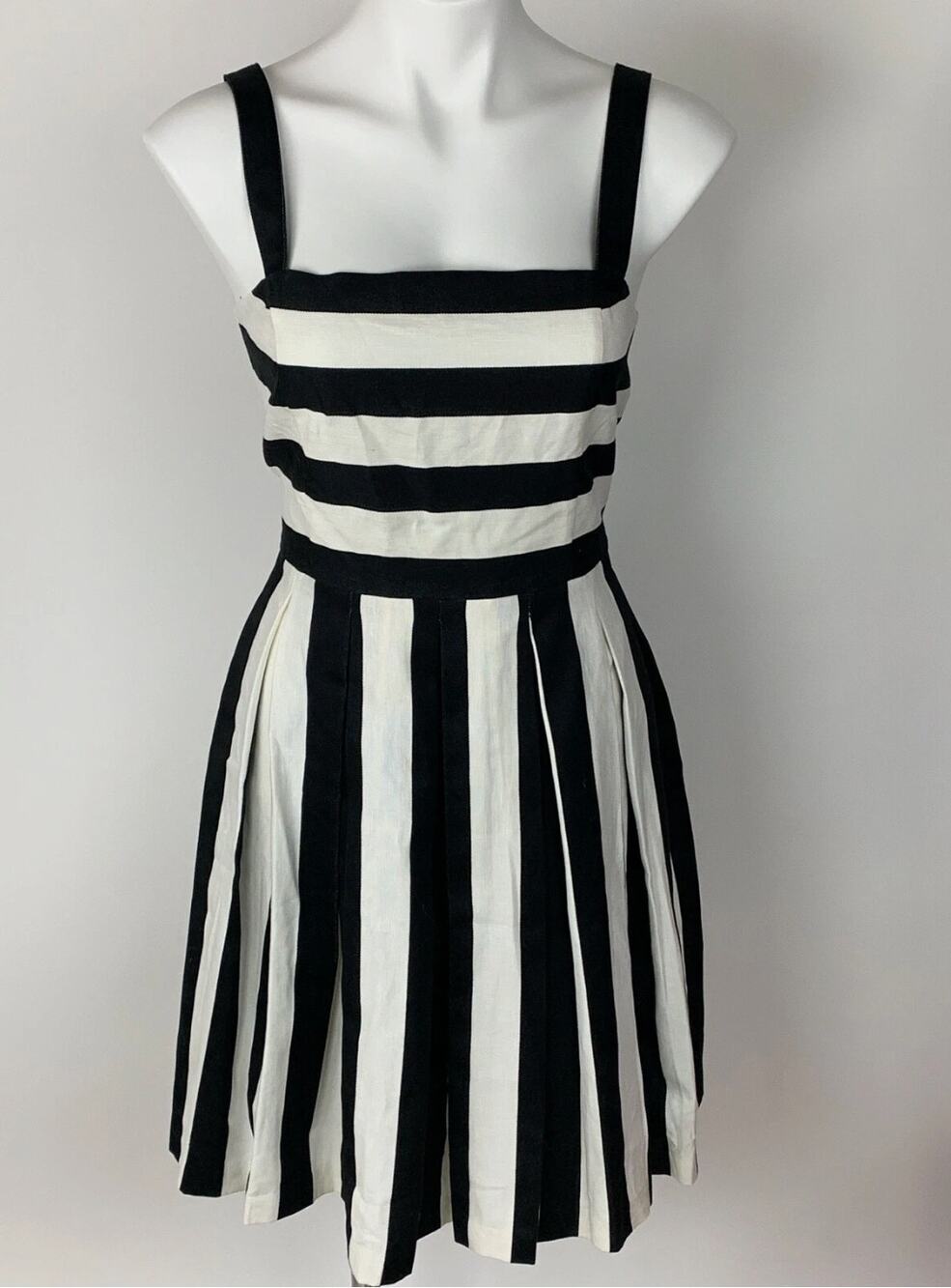 Loft Women's Sundress Black White Fit Flare Dress Skater Linen sz / 4 XS